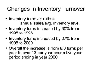 Changes In Inventory Turnover
• Inventory turnover ratio =
        annual sales/avg. inventory level
• Inventory turns increased by 30% from
  1995 to 1998
• Inventory turns increased by 27% from
  1998 to 2000
• Overall the increase is from 8.0 turns per
  year to over 13 per year over a five year
  period ending in year 2000.
 