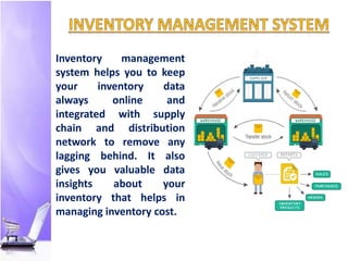 Inventory management
system helps you to keep
your inventory data
always online and
integrated with supply
chain and distribution
network to remove any
lagging behind. It also
gives you valuable data
insights about your
inventory that helps in
managing inventory cost.
 