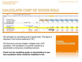 We will begin by calculating cost of goods sold. This figure is reported in the income statement (“IS”). 
The formula is cost per widget x widgets sold x CPI escalation. CPI escalation is currently marked as a placeholder (a temporary modelling solution). 
Check out the modelling guide on placeholders to see how escalation factor would be modelled in full. 
 