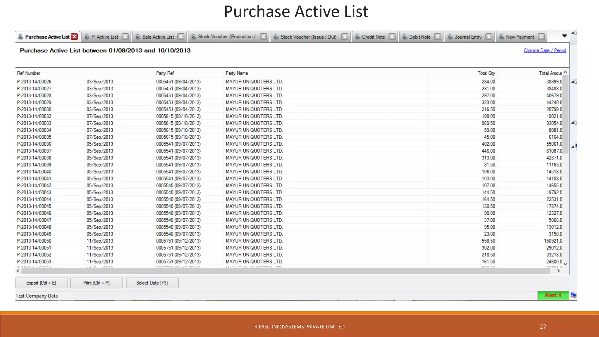 Purchase Active List
KIFASU INFOSYSTEMS PRIVATE LIMITED 27
 