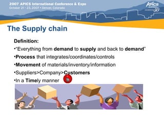The Supply chain
 Definition:
 •“Everything from demand to supply and back to demand”
 •Process that integrates/coordinates/controls
 •Movement of materials/inventory/information
 •Suppliers>Company>Customers
 •In a Timely manner
 