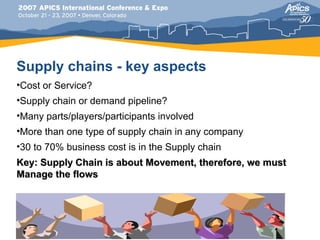 Supply chains - key aspects
•Cost or Service?
•Supply chain or demand pipeline?
•Many parts/players/participants involved
•More than one type of supply chain in any company
•30 to 70% business cost is in the Supply chain
Key: Supply Chain is about Movement, therefore, we must
Manage the flows
 