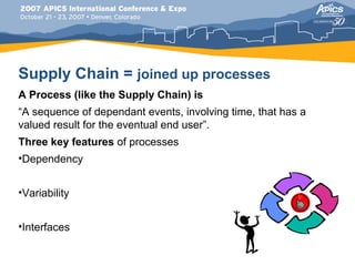 Supply Chain = joined up processes
A Process (like the Supply Chain) is
“A sequence of dependant events, involving time, that has a
valued result for the eventual end user”.
Three key features of processes
•Dependency


•Variability


•Interfaces
 