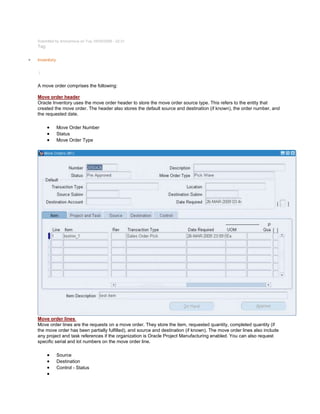 Submitted by Anonymous on Tue, 05/05/2009 - 22:31
Tag:
Inventory
/
A move order comprises the following:
Move order header
Oracle Inventory uses the move order header to store the move order source type. This refers to the entity that
created the move order. The header also stores the default source and destination (if known), the order number, and
the requested date.
Move Order Number
Status
Move Order Type
Move order lines
Move order lines are the requests on a move order. They store the item, requested quantity, completed quantity (if
the move order has been partially fulfilled), and source and destination (if known). The move order lines also include
any project and task references if the organization is Oracle Project Manufacturing enabled. You can also request
specific serial and lot numbers on the move order line.
Source
Destination
Control - Status
 