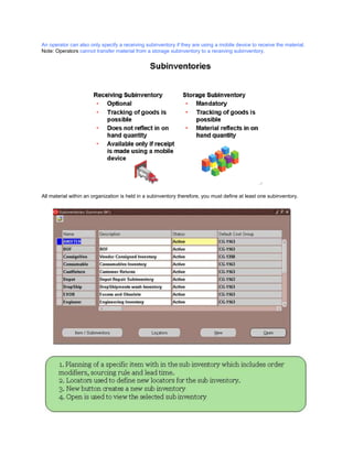 An operator can also only specify a receiving subinventory if they are using a mobile device to receive the material.
Note: Operators cannot transfer material from a storage subinventory to a receiving subinventory.
All material within an organization is held in a subinventory therefore, you must define at least one subinventory.
 