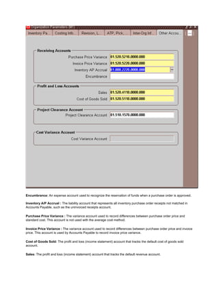 Encumbrance: An expense account used to recognize the reservation of funds when a purchase order is approved.
Inventory A/P Accrual : The liability account that represents all inventory purchase order receipts not matched in
Accounts Payable, such as the uninvoiced receipts account.
Purchase Price Variance : The variance account used to record differences between purchase order price and
standard cost. This account is not used with the average cost method.
Invoice Price Variance : The variance account used to record differences between purchase order price and invoice
price. This account is used by Accounts Payable to record invoice price variance.
Cost of Goods Sold: The profit and loss (income statement) account that tracks the default cost of goods sold
account.
Sales: The profit and loss (income statement) account that tracks the default revenue account.
 