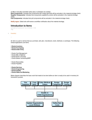 on Bill or manually overridden when jobs or schedules are created.
Bulk Components: Indicates that components with supply type Bulk will be excluded in the material shortage check.
Supplier Components: Indicates that components supplied by vendor will be excluded in the material shortage
check.
Pull Components: Indicates that pull components will be excluded in the material shortage check.
Notify region: Select who will receive a workflow notification about the material shortage.
Introduction to Items
Submitted by Anonymous on Tue, 01/20/2009 - 12:56
Tag:
Inventory
/
An item is a part or service that you purchase, sell, plan, manufacture, stock, distribute, or prototype. The following
Oracle Applications use items:
• Oracle Inventory
• Oracle Purchasing
• Oracle Order Entry
• Oracle Cost Management
• Oracle Bills of Material
• Oracle Work in Process
• Oracle Master Scheduling/MRP
• Oracle Receivables
• Oracle Payables
• Oracle Services
• Oracle Engineering
• Oracle Quality
• Oracle Sales and Marketing
Below diagram describes the basic work that needs to be done before an item is ready to be used in inventory for
transaction purpose.
 