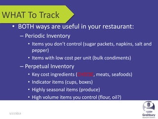 5/17/2013 55/17/2013 5
• BOTH ways are useful in your restaurant:
– Periodic Inventory
• Items you don’t control (sugar packets, napkins, salt and
pepper)
• Items with low cost per unit (bulk condiments)
– Perpetual Inventory
• Key cost ingredients (CHEESE, meats, seafoods)
• Indicator items (cups, boxes)
• Highly seasonal items (produce)
• High volume items you control (flour, oil?)
WHAT To Track
 