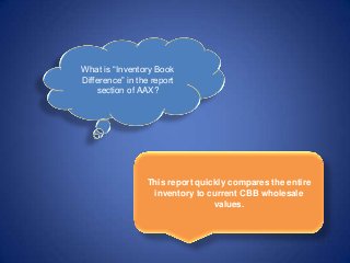 What is “Inventory Book
Difference” in the report
section of AAX?
This report quickly compares the entire
inventory to current CBB wholesale
values.
 