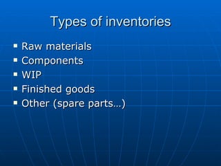 Types of inventories Raw materials Components WIP Finished goods Other (spare parts…) 