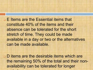   E Items are the Essential items that
    constitute 40% of the items and their
    absence can be tolerated for the short
    stretch of time. They could be made
    available in a day or two or the alternatives
    can be made available.

   D items are the desirable items which are
    the remaining 50% of the total and their non-
    availability can be tolerated for longer
 