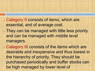  Category II consists of items, which are
  essential, and of average cost.
 They can be managed with little less priority

  and can be managed with middle level
  managers.
 Category III consists of the items which are
  desirable and inexpensive and thus lowest in
  the hierarchy of priority. They should be
  purchased periodically and buffer stocks can
  be high managed by lower level of
 