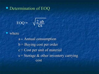    Determination of EOQ


        EOQ =       2 ab
                     cs
   where
         a = Annual consumption
         b = Buying cost per order
         c = Cost per unit of material
         s = Storage & other inventory carrying
                    cost
 