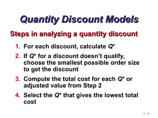 12 - 75
Quantity Discount ModelsQuantity Discount Models
1. For each discount, calculate Q*
2. If Q* for a discount doesn’t qualify,
choose the smallest possible order size
to get the discount
3. Compute the total cost for each Q* or
adjusted value from Step 2
4. Select the Q* that gives the lowest total
cost
Steps in analyzing a quantity discountSteps in analyzing a quantity discount
 