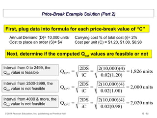 12 - 82© 2011 Pearson Education, Inc. publishing as Prentice Hall
Price-Break Example Solution (Part 2)Price-Break Example Solution (Part 2)
units1,826=
0.02(1.20)
4)2(10,000)(
=
iC
2DS
=QOPT
Annual Demand (D)= 10,000 units
Cost to place an order (S)= $4
First, plug data into formula for each price-break value of “C”
units2,000=
0.02(1.00)
4)2(10,000)(
=
iC
2DS
=QOPT
units2,020=
0.02(0.98)
4)2(10,000)(
=
iC
2DS
=QOPT
Carrying cost % of total cost (i)= 2%
Cost per unit (C) = $1.20, $1.00, $0.98
Interval from 0 to 2499, the
Qopt value is feasible
Interval from 2500-3999, the
Qopt value is not feasible
Interval from 4000 & more, the
Qopt value is not feasible
Next, determine if the computed Qopt values are feasible or not
 