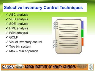 Selective Inventory Control Techniques
 ABC analysis
 VED analysis
 SDE analysis
 HML analysis
 FSN analysis
 GOLF
 Visual inventory control
 Two bin system
 Max – Min Approach
 