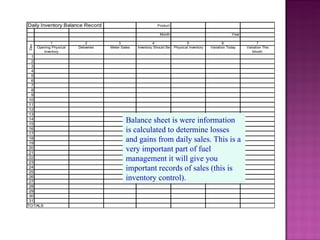 Balance sheet is were information is calculated to determine losses and gains from daily sales. This is a very important part of fuel management it will give you important records of sales (this is inventory control). 