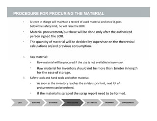 • A store in charge will maintain a record of used material and once it goes
below the safety limit, he will raise the BOR.
Material procurement/purchase will be done only after the authorized
person signed the BOR.
The quantity of material will be decided by supervisor on the theoretical
calculations or/and previous consumption.
•
•
A. Raw material :
•
•
Raw material will be procured if the size is not available in inventory.
Raw material for inventory should not be more than 1meter in length
for the ease of storage.
B. Safety tools and hand tools and other material:
• As soon as the inventory reaches the safety stock limit, next lot of
procurement can be ordered.
If the material is scraped the scrap report need to be formed.•
SORTING STORAGE PROCEDURE DATABASE TRAINING AWARENESSLIST
14
PROCEDURE FOR PROCURING THE MATERIAL
 