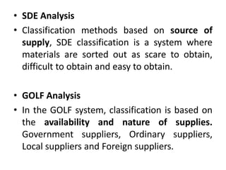• SDE Analysis
• Classification methods based on source of
supply, SDE classification is a system where
materials are sorted out as scare to obtain,
difficult to obtain and easy to obtain.
• GOLF Analysis
• In the GOLF system, classification is based on
the availability and nature of supplies.
Government suppliers, Ordinary suppliers,
Local suppliers and Foreign suppliers.
 