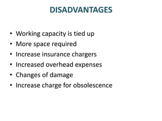 DISADVANTAGES
• Working capacity is tied up
• More space required
• Increase insurance chargers
• Increased overhead expenses
• Changes of damage
• Increase charge for obsolescence
 