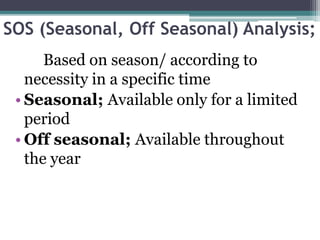 SOS (Seasonal, Off Seasonal) Analysis;
Based on season/ according to
necessity in a specific time
• Seasonal; Available only for a limited
period
• Off seasonal; Available throughout
the year
 