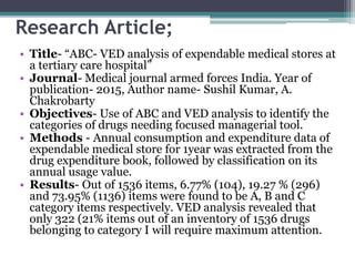 Research Article;
• Title- “ABC- VED analysis of expendable medical stores at
a tertiary care hospital”
• Journal- Medical journal armed forces India. Year of
publication- 2015, Author name- Sushil Kumar, A.
Chakrobarty
• Objectives- Use of ABC and VED analysis to identify the
categories of drugs needing focused managerial tool.
• Methods - Annual consumption and expenditure data of
expendable medical store for 1year was extracted from the
drug expenditure book, followed by classification on its
annual usage value.
• Results- Out of 1536 items, 6.77% (104), 19.27 % (296)
and 73.95% (1136) items were found to be A, B and C
category items respectively. VED analysis revealed that
only 322 (21% items out of an inventory of 1536 drugs
belonging to category I will require maximum attention.
 