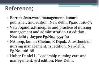Reference;
• Barrett Jean.ward management. konark
publisher. 2nd edition. New delhi. Pg.no .146-73
• Vati Jogindra.Principles and practice of nursing
management and administration 1st edition.
Newdelhi ; Jaypee Pg.No.;-554-60
• NAnoop, kumar Chetan, K Dipak. A textbook on
nursing management. 1st edition. Newdelhi.
Pg.No. 166-68
• Huber Daniel L. Leadership nursing care and
management. 3rd edition. New Delhi.
 