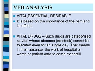 VED ANALYSIS
 VITAL,ESSENTIAL, DESIRABLE
 It is based on the importance of the item and
its effects.
 VITAL DRUGS – Such drugs are categorised
as vital whose absence (no stock) cannot be
tolerated even for an single day. That means
in their absence the work of hospital or
wards or patient care to come standstill.
 