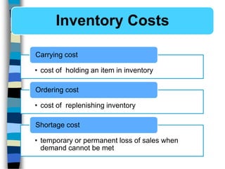 Inventory Costs
• cost of holding an item in inventory
Carrying cost
• cost of replenishing inventory
Ordering cost
• temporary or permanent loss of sales when
demand cannot be met
Shortage cost
 