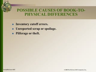 © 2000 The McGraw-Hill Companies, Inc.,
Irwin/McGraw-Hill
13-16
POSSIBLE CAUSES OF BOOK-TO-
PHYSICAL DIFFERENCES
 Invento...