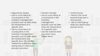 • Control Group
• Perform this count
several times over a
short period.
• Use a control group
when you want to find
process errors.
• Opportunity-based
• Use to count items at
crucial points in the
inventory management
process, such as after every
ten transactions of a
specific item.
• Use to count items at
crucial points in the
inventory management
process, such as after every
ten transactions of a
specific item. OR Use this
method as a different, time-
saving way to check your
process' accuracy.
• Random Sample
• Use to count items at
crucial points in the
inventory
management
process, such as after
every ten transactions
of a specific item.
• Use this method when
you stock many
similar items.
 