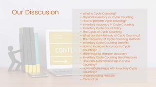 Our Disscusion • What Is Cycle Counting?
• Physical Inventory vs. Cycle Counting
• How to perform cycle counting?
• Inventory Accuracy in Cycle Counting
• Inventory Cycle Count Policy
• The Cycle of Cycle Counting
• What are the Methods of Cycle Counting?
• The Frequency of Cycle Counting Methods
• Inventory Cycle Counting Benefits
• How to Increase Accuracy in Cycle
Counting?
• More ways to sharpen accuracy
• Inventory Cycle Counting Best Practices
• How can Automation help in Cycle
Counting?
• How NetSuite Helps with Inventory Cycle
Counting?
• Understanding NetSuite
• Contact Us
 