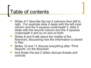 Table of contents
 Slides 4-7 describe the top 4 columns from left to
right. For example slide 4 deals with the left most
column and the 4 squares underneath it, slide 5
deals with the second column and the 4 squares
underneath it and so on and so forth
 Slides 8 and 9 talk about the middle of the
flowchart, discussing how the information is stored
in files
 Slides 10 and 11 discuss everything after “Print
Reports” on the flowchart
 And finally the last 2 slides discuss threats and
controls
 