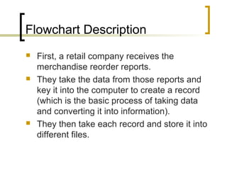 Flowchart Description
 First, a retail company receives the
merchandise reorder reports.
 They take the data from those reports and
key it into the computer to create a record
(which is the basic process of taking data
and converting it into information).
 They then take each record and store it into
different files.
 