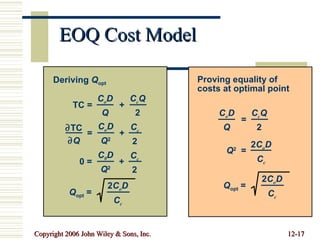 EOQ Cost Model TC =  + C o D Q C c Q 2 =  + C o D Q 2 C c 2  TC  Q 0 =  + C 0 D Q 2 C c 2 Q opt  = 2 C o D C c Deriving  Q opt Proving equality of costs at optimal point = C o D Q C c Q 2 Q 2   = 2 C o D C c Q opt  = 2 C o D C c 