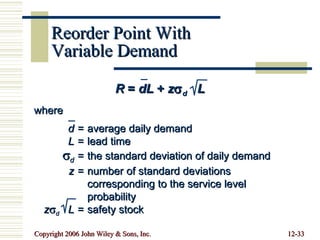 Reorder Point With  Variable Demand R  =  dL  +  z  d   L where d = average daily demand L = lead time  d = the standard deviation of daily demand  z = number of standard deviations corresponding to the service level probability z  d   L = safety stock 