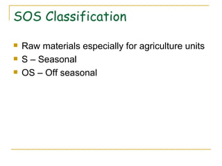 SOS Classification Raw materials especially for agriculture units S – Seasonal OS – Off seasonal 