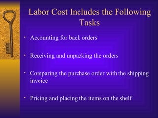 Labor Cost Includes the Following Tasks Accounting for back orders Receiving and unpacking the orders Comparing the purchase order with the shipping invoice Pricing and placing the items on the shelf  