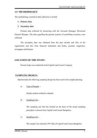 Next 8 inventories listed constitute to about 9.12% of the total value and they constitute 47.06% of total items used. Since they constitute only 9.12% of total value they come under category C.FINANCIAL POSITION REVIEW <br />Summarization of Balance Sheet as on 10th February 2009: -<br />The company is having authorized capital of Rs. 24,00,00,000 (2,40,00,000 equity shares of Rs. 10/- each)<br />The company’s paid up equity share capital is Rs. 12,50,000,000 (12,50,00,000 Equity shares of Rs. 10 each)<br />The company paid up preference share capital is Rs. 70,00,00,000 (7,00,000, 14% redeemable cumulative preference shares of Rs. 100 each)<br />The company has got reserves and surplus of Rs. 5,60,93,00,000.<br />The company net fixed asset of Rs. 2,55,22,20,957<br />The company has net current assets of Rs. 21,60,66,000<br />The company’s Balance Sheet as on 10th February 2009 is shown above.<br />Balance Sheet as on 2008 - 2009 & 2009 - 2010<br />PARTICULARSScheduleAs at30/09/2006Rs. In CroresAs at30/09/2005Rs. In CroresSOURCES OF FUNDSSHARE HOLDERS FUNDS CapitalReserves and Surplus1230.79560.9337.46745014591.72782.60LOANS  Secured Loans  Unsecured Loans3724.77219.10671.28159.22943.87830.50        TOTAL1535.591613.10<br />APPLICATION OF FUNDS:FIXED ASSETSGross BlockLess: Depreciation42084.22860.031938.72764.74NET BLOCK1224.191173.98Add: Capital Work in Progress 22.5161.631246.701235.61INVESTMENTS:561.46250.04           Deferred Tax1.613.05CURRENT ASSETS, LOANS AND ADVANCES61013.52812.83Less: Current Liabilities and Provisions7796.86701.37NET CURRENT ASSETS216.66111.46Miscellaneous Expenditure (To the extent not written off or adjusted)9.1612.94TOTAL1535.591613.10<br />(Source: Finance Department) <br />Table : 4.6<br />Profit and Loss Account for the Year Ended 2006 &2005<br />PARTICULARSSchedule2005-062004-05INCOMESalesLess: Excise DutyOther IncomeIncrease (+)/ Decrease (-) in Finished Goods892952.69343.482609.2117.6192.162383.82304.742079.0816.4422.322718.982117.84ExpenditureMaterial and ManufacturingEmployeesFright & TransportationOther Expenses1011122150.32155.7088.70155.381611.30142.6683.24149.102550.101986.30Operating Profit(Before Interest, Depreciation)Interest168.8876.15131.5464.45Profit Before DepreciationDepreciationTransfer from capital reserve92.7397.5026.5767.0990.2226.57Profit Before TaxProvision for current taxMAT Credit EntitlementDeferred TaxProvision for Fringe Benefit Tax21.800.47(0.47)1.443.313.44(14.52)1.20Profit After TaxAdditional Excise Duty Less: Transfer from general reserveTax provision for earlier yearsDebenture redemption reserve no longer requiredSurplus from previous year17.053.3541.5316.7636.7036.700.281.0140.3261.9357.81AppropriationsDebenture redemption reserveGeneral ReserveProposed DividendCorporate Dividend TaxSurplus carried to balance sheet5.2720.007.701.0827.885.991.757.491.0541.5361.9357.81Basic Earning Per Share (Rs)CashAfter Tax31.506.0117.514.40<br />(Source: Finance Department) <br />Table : 4.7<br />Formulas for calculating ratio analysis :<br />Current Ratio  =   Current  Assets<br />                               Current Liabilities<br />Inventory turnover ratio  =     Total   Sales<br />   Total  Inventory<br />Working Capital turnover ratio = Cost of sales<br />                                                   Net working capital<br />Fixed assets turnover  ratio = Net Sales<br />                                             Fixed Assets<br />Raw materials turnover  ratio =Direct Materials                                             Total  Inventory <br />Stock in progress ratio =Net sales<br />                                       Inventory<br />RATIO ANALYSIS REVIEW<br />Calculation of current ratio:<br />YearCurrent AssetsCurrent LiabilitiesRatios2006786.36585.411.3432007776.30649.161.1962008812.83701.371.15920091,013.52796.861.272<br />Table : 4.8<br />Calculation of Inventory Turnover Ratio:<br />YearSalesInventoryRatios20062077.34211.319.83120072257.87178.1712.67320082283.82244.039.35920092952.69368.598.011<br />                                                                    <br />Table : 4.9<br />Calculation of Inventory Conversion Period :<br />YearDays in       YearInventoryTurn Over RatioDays200636512.77728.56720073659.83137.127200836512.67328.80120093659.35939.000<br />                                                                     <br />Table : 4.10<br />Calculation of Fixed Asset Turnover Ratio:<br />YearSalesFixed AssetRatios20062077.341264.831.64220072257.871207.111.87020082283.821173.981.94520092952.691224.192.412<br />YearNetworkingCapitalNet AssetRatios2006200.951264.830.1592007127.141207.110.1052008111.461173.980.0952009216.661224.190.177<br />Table : 4.11<br />Calculation of Debt-Equity Ratio:<br />YearTotal DebtNet WorthRatios2006838.0637.4622.3722007750.6737.4620.0392008830.537.4622.1702009943.8730.7930.655<br />Table : 4.12<br />Calculation of Coverage Ratio:<br />                                                                   <br />YearEBITInterestRatios2006196.8898.71.9952007156.0178.191.9952008131.5464.452.0412009168.8876.152.218<br />Table : 4.13<br />Calculation of EPS:<br />                                                        <br />YearPATNo of EquitySharesRs200622.093.7465.897200712.193.7463.254200816.763.7464.474200917.053.0795.538<br />Table : 4.14<br />Turn Over Ratios:<br /> Raw Material Turnover Ratio:<br />YearSalesRaw MaterialsRatios20062077.3456.2536.93020072257.8792.9724.28620082283.82129.9517.57520092952.69143.0420.642<br />Table : 4.15<br />Stores Ratio:<br />YearSalesStoresRatios20062077.3413.8150.53220072257.8715.86142.36320082283.8215.88143.81720092952.6917.02173.484<br />Table : 4.16<br />Finished Goods Ratio:<br />YearSalesFinishedGoodsRatios20062077.34127.3316.31520072257.8754.9341.10420082283.8277.7829.36320092952.69189.3815.591<br />Table : 4.17<br />Stock in Progress Ratio:<br />YearSalesStock inProgressRatios20062077.3413.93149.12720072257.8714.41156.68820082283.8220.42111.84220092952.6919.15154.187<br />Table : 4.18<br />Calculation of Correlation between Inventory Turnover Ratio and <br />Return of Investment:<br />YearInventory TurnOver RatioROI20069.8312.47200712.6731.4620089.3592.1420098.0112.8852.5111.15<br />Correlation is -0.813920785<br />Table : 4.19<br />There is negative correlation with respect to inventory turnover & Return on <br />Investment.<br />FINDINGS:<br />The current ratio of the company shows reduced investment every year marginally. This is indicated that the company is recovering sales revenue in cash quickly &debtor’sturnover & inventory turnover is being good. <br />Inventory Control System:<br />As per the study raw materials has increased the efficiency of the inventory performance with less wastages and the has achieved significant reduction in  the transportation cost and other costs.<br />SUMMARY<br />Inventory management at Capital Land Assets construction company, Bangalore, has contributed a lot for the efficient flow of work. It was found that the inventory management process and its practice of a higher degree and highly sophisticated manner. Efficient inventory management of inventory helps the owners, but also customers, suppliers, government and society. To increase the profits it is necessary to reduce the inventory cost.<br />The study has been undertaken with the objectives such as inventory control system, ABC analysis; purchase procedure and evaluation of purchase procedure. By studying these objectives it is helpful know the inventory control system in Capital Land Assets. <br />  CONCLUSION<br />To conclude that in Capital Land Assets, the stores department is concerned with the receiving of materials, storing and issuing to the production department. Regarding purchase department, it will purchase the raw materials from within the Karnataka state.<br />The company is consuming various categories of materials there is balance between the procurement and consumption more often the company depends upon the just in time management principles which is very common in most of the foreign collaborated organizations. The purchase procedure of the company should move for localization, this should greatly influence on easy procurement of materials in time and also reduces ordering and carrying cost of the company, it will helps to increase the profits of the company. <br />REFERENCES<br />Anon, “Poor Inventory Control”,  HYPERLINK http://www.industrialproducts.com www.industrialproducts.com<br />I.M. Pandey, (1999), “Financial Management”, 8th Edition Vikas Publication House Pvt. Ltd.<br />K. Ashwathappa and K. Shreedhar Bhat, 2004, “Production and Operation Management”, First Edition, Himalaya Publication.  <br />Prasanna Chandra, (2003), Financial Management, Fifth Edition Mc Graw Hill.<br />K Shridhara Bhat, “Logistics Management”, First Edition 2005, Himalaya Publication House.<br />Cincinnati, OH, February 25, 2007, manufacturing journalist Thomas R. Cutler.<br />REDWOOD SHORES, Calif., Feb. 26 /PR News Oracle (NASDAQ: ORCL)<br />Suanta Deb IAMM.Naresh K Malhotra, “Marketing Research” 3rd edition Pearson Education Asia.<br />Philip Kotler “Marketing Management” 2004, 11th edition PHI Pvt. Ltd. New Delhi.<br />Prasanna Chandra, (2003), Financial Management, Fifth Edition Mc Graw Hill.<br />Role Norbom, Interlake Corporation, (1988) Sumter A system to achieve inventory in manufacturing, “Production & Inventory Management Journal” Third Quarter, (9-13)<br />Roger c. Vergin, PhD, 1998, an examination of inventory turnover in the fortune 500 industrial companies) “Production & Inventory Management Journal” (First Quarter) (51-55)<br />