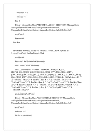 rowcount -= 1

       'incDec -= 1

    End If

    Dim a = MessageBox.Show("RECORD HAS BEEN DELETED!", "Message Box",
MessageBoxButtons.OKCancel, MessageBoxIcon.Information,
MessageBoxDefaultButton.Button1, MessageBoxOptions.DefaultDesktopOnly)

    con.Close()

    Opendata()

  End Sub



  Private Sub Button3_Click(ByVal sender As System.Object, ByVal e As
System.EventArgs) Handles Button3.Click

    con.Open()

    Dim cmd2 As New OleDbCommand()

    cmd2 = con.CreateCommand()

      cmd2.CommandText = "INSERT INTO COLOUR ([STCK_SR],
[TOTAL_COLOURS], [COLOUR1], [COLOUR1_QTY], [COLOUR1_SQTY],
[COLOUR2], [COLOUR2_QTY], [COLOUR2_SQTY], [COLOUR3], [COLOUR3_QTY],
[COLOUR3_SQTY], [COLOUR4], [COLOUR4_QTY], [COLOUR4_SQTY]) VALUES ('"
& TextBox2.Text & "', '" & TextBox1.Text & "', '" & TextBox3.Text & "', '" &
TextBox4.Text & "', '" & TextBox5.Text & "', '" & TextBox6.Text & "', '" & TextBox7.Text
& "', '" & TextBox8.Text & "', '" & TextBox9.Text & "', '" & TextBox10.Text & "', '" &
TextBox11.Text & "', '" & TextBox12.Text & "', '" & TextBox13.Text & "', '" &
TextBox14.Text & "')"

    cmd2.ExecuteNonQuery()

    Dim b = MessageBox.Show("SUCCESSFUL INSERTION!", "Message Box",
MessageBoxButtons.OKCancel, MessageBoxIcon.Information,
MessageBoxDefaultButton.Button1, MessageBoxOptions.DefaultDesktopOnly)

    con.Close()

    rowcount += 1

    incDec = rowcount - 1
 