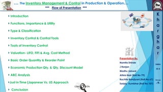 … The Inventory Management & Control in Production & Operation…
*** Flow of Presentation ***

K
h
a
r
g
h
a
r

Introduction
Functions, Importance & Utility
Type & Classification
Inventory Control & Control Tools
Tools of Inventory Control
Valuation- LIFO, FIFI & Avg. Cost Method
Basic Order Quantity & Reorder Point
Economic Production Qty. & Qty. Discount Model

Presentation By:
Namita Shinde
J Ranjan
Madhu Jaiswal

ABC Analysis
Just in Time (Japanese Vs. US Approach
Conclusion

SMBA
30-B

Athira Nair (Roll No 79)
Rachita Ramjiyani (Roll No 67)
Sanjay Kumbhar (Roll No 107)

Group

-9-

 