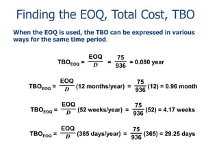 Finding the EOQ, Total Cost, TBO 
When the EOQ is used, the TBO can be expressed in various 
ways for the same time period. 
TBOEOQ = 
EOQ 
D 
EOQ 
D 
75 
936 
= = 0.080 year 
TBOEOQ = (12 months/year) 
EOQ 
D 
TBOEOQ = (52 weeks/year) 
EOQ 
D 
TBOEOQ = (365 days/year) 
75 
936 
= (12) = 0.96 month 
75 
936 
= (52) = 4.17 weeks 
75 
936 
= (365) = 29.25 days 
 