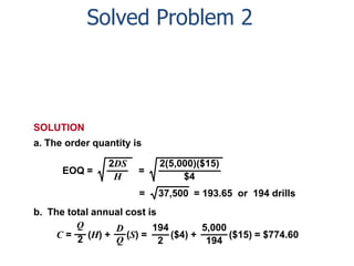 Solved Problem 2 
SOLUTION 
a. The order quantity is 
2DS 
H 
EOQ = = 
2(5,000)($15) 
$4 
= 37,500 = 193.65 or 194 drills 
b. The total annual cost is 
Q 
2 
D 
Q 
C = (H) + (S) = 
($4) + ($15) = $774.60 
194 
2 
5,000 
194 
 