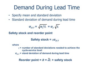 Demand During Lead Time 
• Specify mean and standard deviation 
• Standard deviation of demand during lead time 
σdLT = σd 
2L = σd L 
Safety stock and reorder point 
Safety stock = zσdLT 
where 
z = number of standard deviations needed to achieve the 
cycle-service level 
σdLT = stand deviation of demand during lead time 
Reorder point = R = dL + safety stock 
 