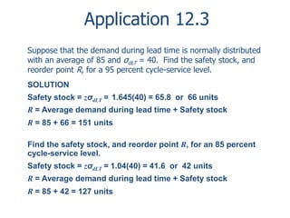 Application 12.3 
Suppose that the demand during lead time is normally distributed 
with an average of 85 and σ= 40. Find the safety stock, and 
dLT reorder point R, for a 95 percent cycle-service level. 
SOLUTION 
Safety stock = zσ= 
1.645(40) = 65.8 or 66 units 
dLT R = Average demand during lead time + Safety stock 
R = 85 + 66 = 151 units 
Find the safety stock, and reorder point R, for an 85 percent 
cycle-service level. 
Safety stock = zσdLT = 1.04(40) = 41.6 or 42 units 
R = Average demand during lead time + Safety stock 
R = 85 + 42 = 127 units 
 