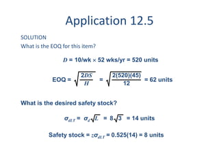 Application 12.5 
SOLUTION 
What is the EOQ for this item? 
D = 10/wk  52 wks/yr = 520 units 
2DS 
H 
EOQ = = 
= 62 units 
2(520)(45) 
12 
What is the desired safety stock? 
σdLT = σd L = 8 3 = 14 units 
Safety stock = zσdLT = 0.525(14) = 8 units 
 