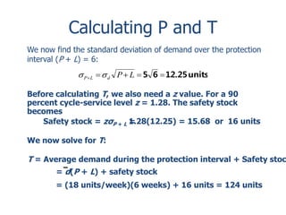 Calculating P and T 
We now find the standard deviation of demand over the protection 
interval (P + L) = 6: 
   5 6 12.25 units  P L P L d   
Before calculating T, we also need a z value. For a 90 
percent cycle-service level z = 1.28. The safety stock 
becomes 
Safety stock = zσP + L 1=. 28(12.25) = 15.68 or 16 units 
We now solve for T: 
T = Average demand during the protection interval + Safety stock 
= d(P + L) + safety stock 
= (18 units/week)(6 weeks) + 16 units = 124 units 
 