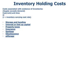 Inventory Holding Costs 
Costs associated with existence of Inventories 
(Supply exceeds demand) 
Cost/unit/unit time 
iC 
(i = inventory carrying cost rate) 
- Storage and handing 
- Interest or tied up capital 
- Property taxes 
- Insurance 
- Spoilage 
- Obsolescence 
- pilferage 
 