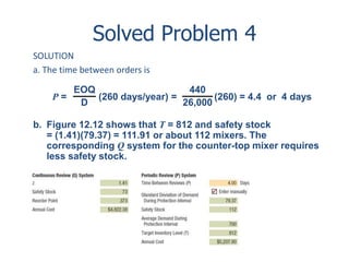 Solved Problem 4 
SOLUTION 
a. The time between orders is 
EOQ 
D 
P = (260 days/year) = 
(260) = 4.4 or 4 days 
440 
26,000 
b. Figure 12.12 shows that T = 812 and safety stock 
= (1.41)(79.37) = 111.91 or about 112 mixers. The 
corresponding Q system for the counter-top mixer requires 
less safety stock. 
 