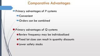 Comparative Advantages
Primary advantages of P systems
Convenient
Orders can be combined
 Primary advantages of Q systems
Review frequency may be individualized
Fixed lot sizes can result in quantity discounts
Lower safety stocks
 